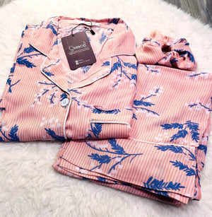 Sajiero Galaxy Boski Linen Floral Printed Pajama Suit Snow Pink - My Store