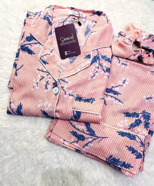 Sajiero Galaxy Boski Linen Floral Printed Pajama Suit Snow Pink - My Store