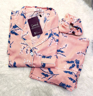 Sajiero Galaxy Boski Linen Floral Printed Pajama Suit Snow Pink - My Store