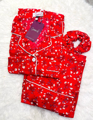 Sajiero Galaxy Boski Linen Floral Printed Pajama Suit Super Maroon - My Store