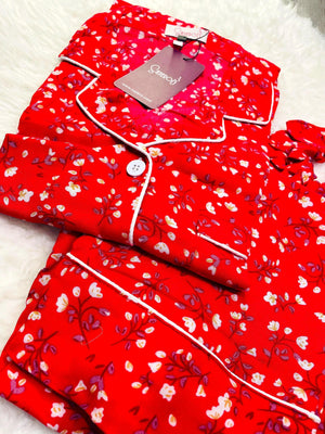 Sajiero Galaxy Boski Linen Floral Printed Pajama Suit Super Maroon - My Store