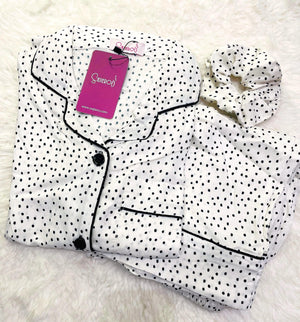 Sajiero Galaxy Boski Linen  Printed Pajama Suit Black Dots - My Store