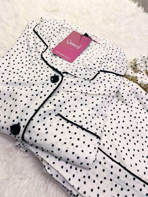 Sajiero Galaxy Boski Linen  Printed Pajama Suit Black Dots - My Store