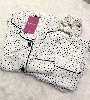 Sajiero Galaxy Boski Linen  Printed Pajama Suit Black Dots - My Store