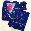 Sajiero Galaxy Boski Linen Printed Pajama Suit Cherry Blue - My Store