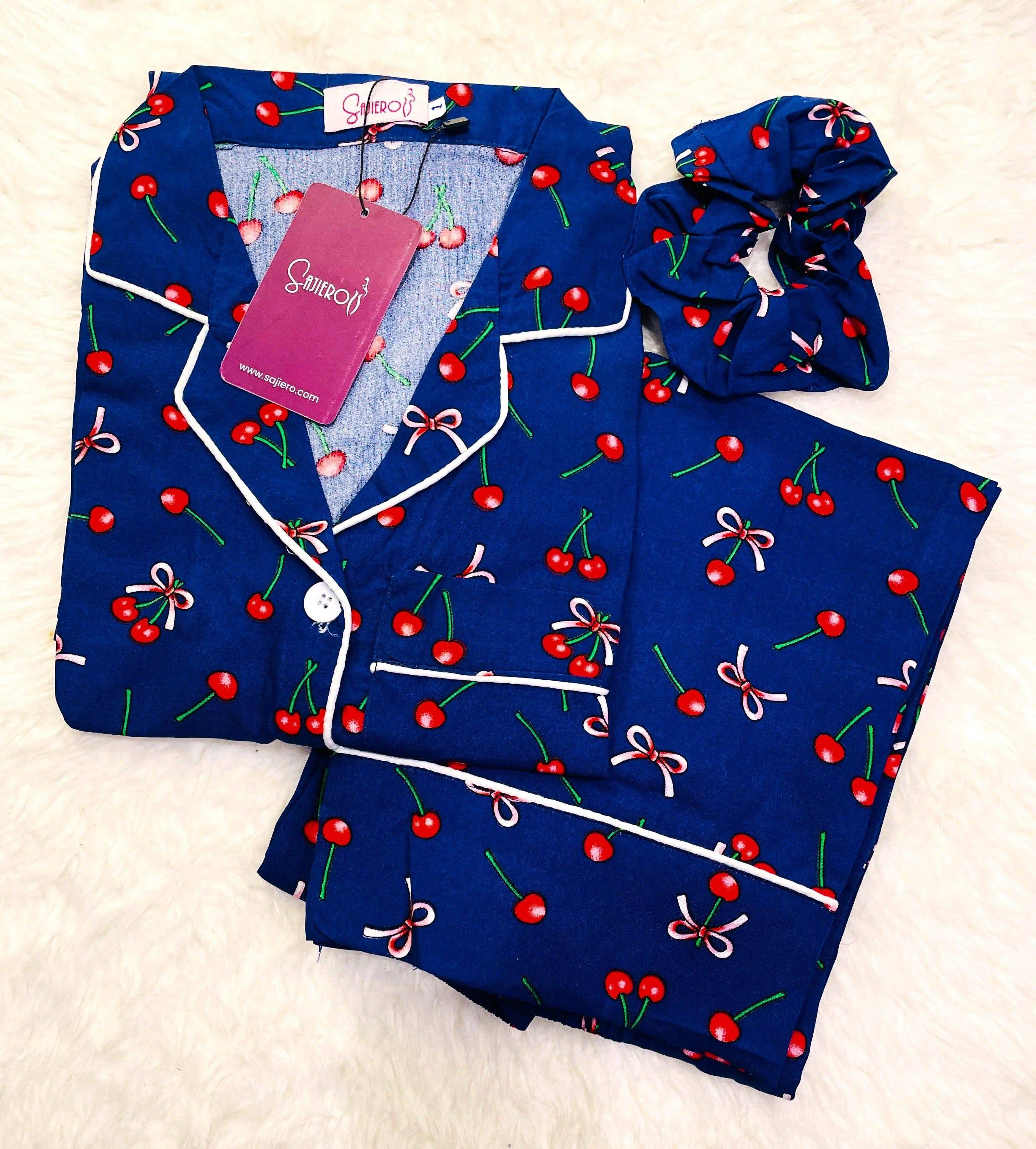 Sajiero Galaxy Boski Linen Printed Pajama Suit Cherry Blue - My Store