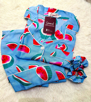 Sajiero Galaxy Boski Linen Printed Pajama Suit Cyan Blue - My Store