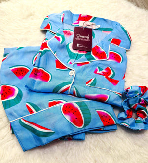 Sajiero Galaxy Boski Linen Printed Pajama Suit Cyan Blue - My Store