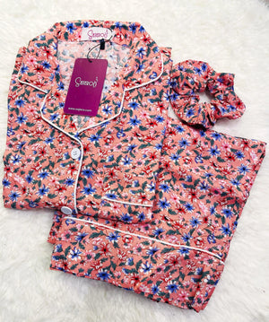 Sajiero Galaxy Boski Linen Printed Pajama Suit Luxury Peach - My Store