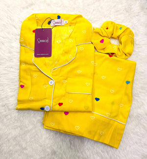 Sajiero Galaxy Boski Linen  Printed Pajama Suit Multi Yellow - My Store