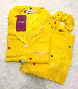Sajiero Galaxy Boski Linen  Printed Pajama Suit Multi Yellow - My Store