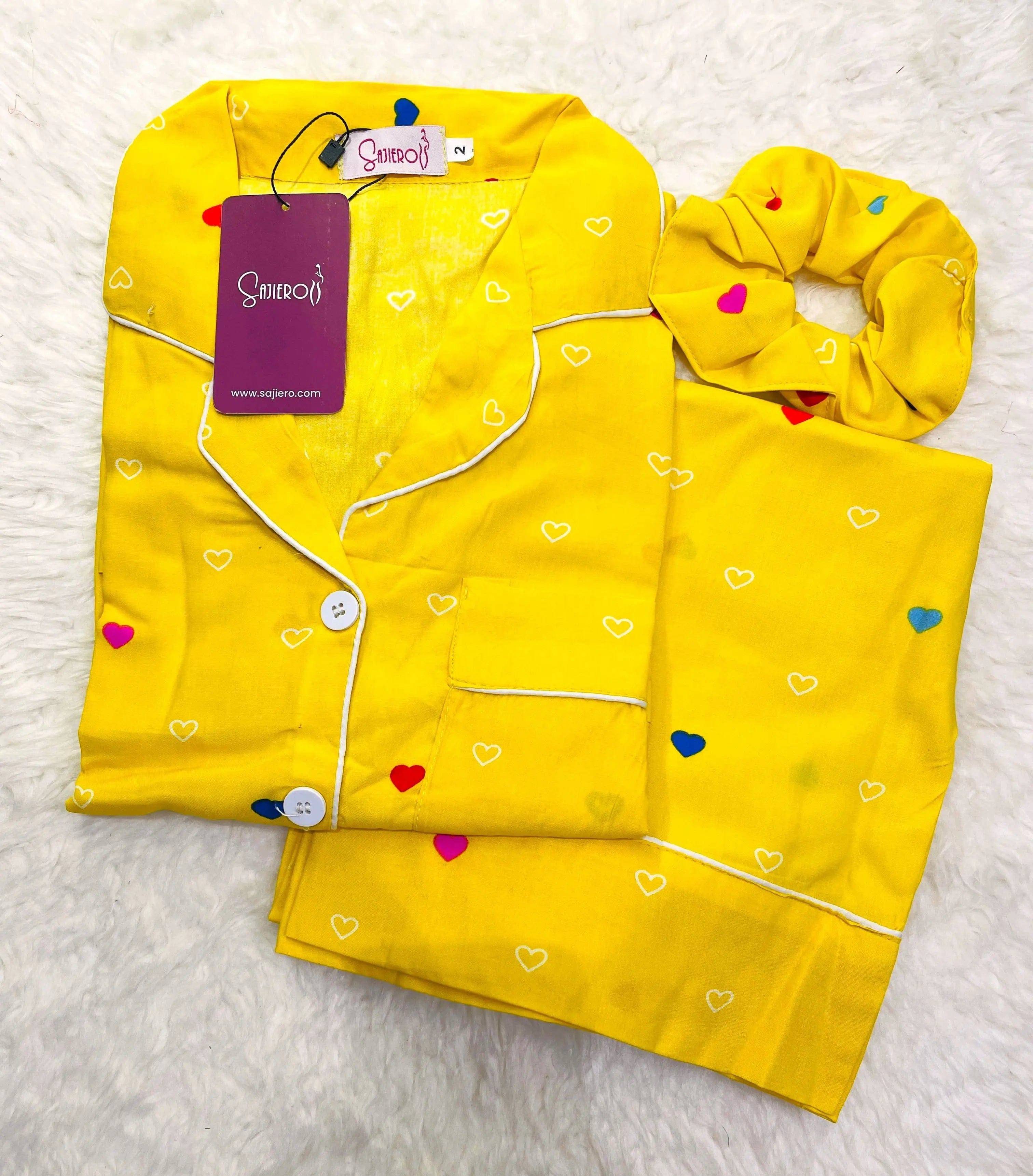 Sajiero Galaxy Boski Linen  Printed Pajama Suit Multi Yellow - My Store