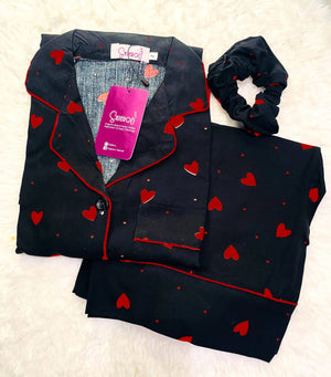 Sajiero Galaxy Boski Linen  Printed Pajama Suit Red Hearts - My Store