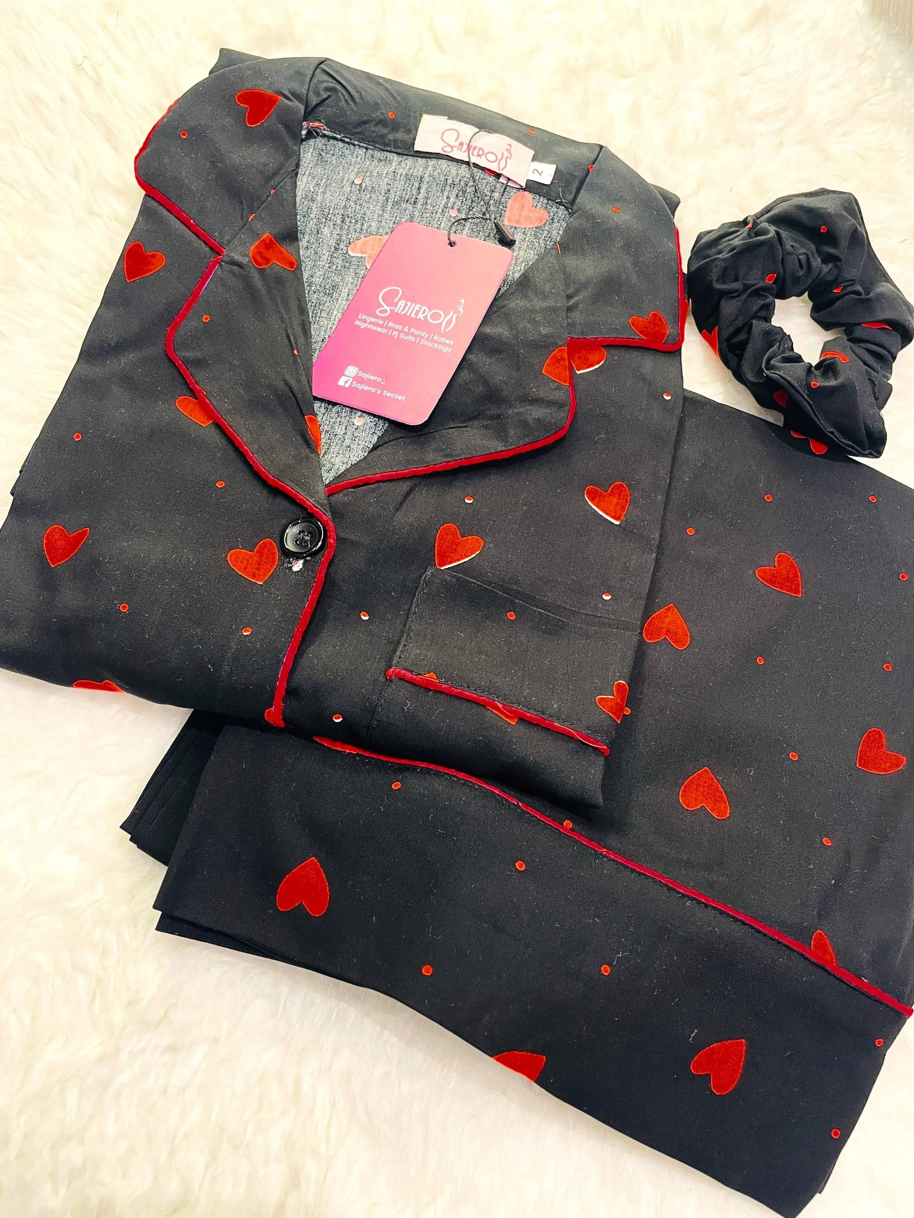 Sajiero Galaxy Boski Linen  Printed Pajama Suit Red Hearts - My Store