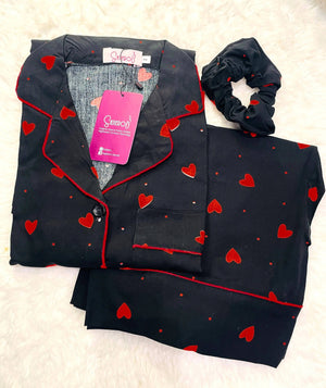 Sajiero Galaxy Boski Linen  Printed Pajama Suit Red Hearts - My Store