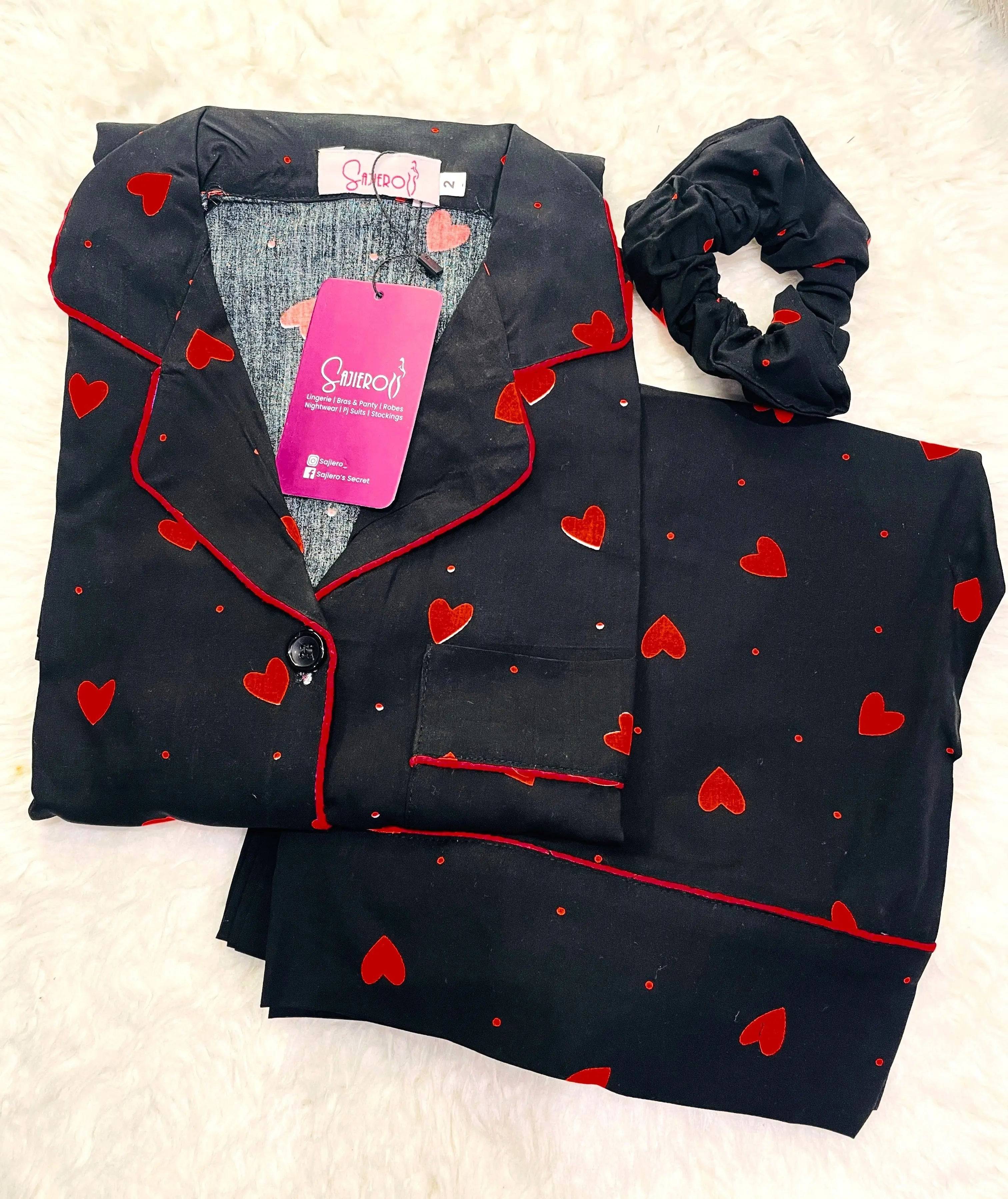 Sajiero Galaxy Boski Linen  Printed Pajama Suit Red Hearts - My Store