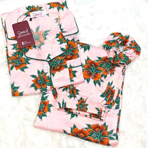 Sajiero Galaxy Boski Linen Printed Pajama Suit Rust Floral - My Store