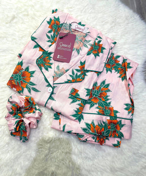 Sajiero Galaxy Boski Linen Printed Pajama Suit Rust Floral - My Store