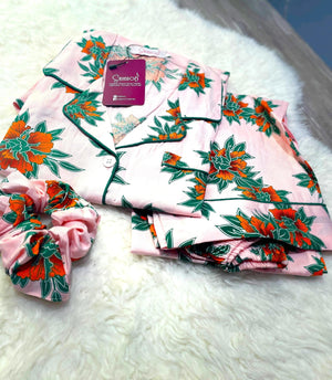 Sajiero Galaxy Boski Linen Printed Pajama Suit Rust Floral - My Store