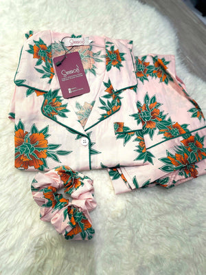 Sajiero Galaxy Boski Linen Printed Pajama Suit Rust Floral - My Store