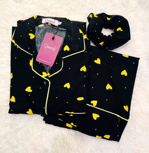 Sajiero Galaxy Boski Linen  Printed Pajama Suit Yellow Hearts - My Store