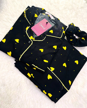Sajiero Galaxy Boski Linen  Printed Pajama Suit Yellow Hearts - My Store