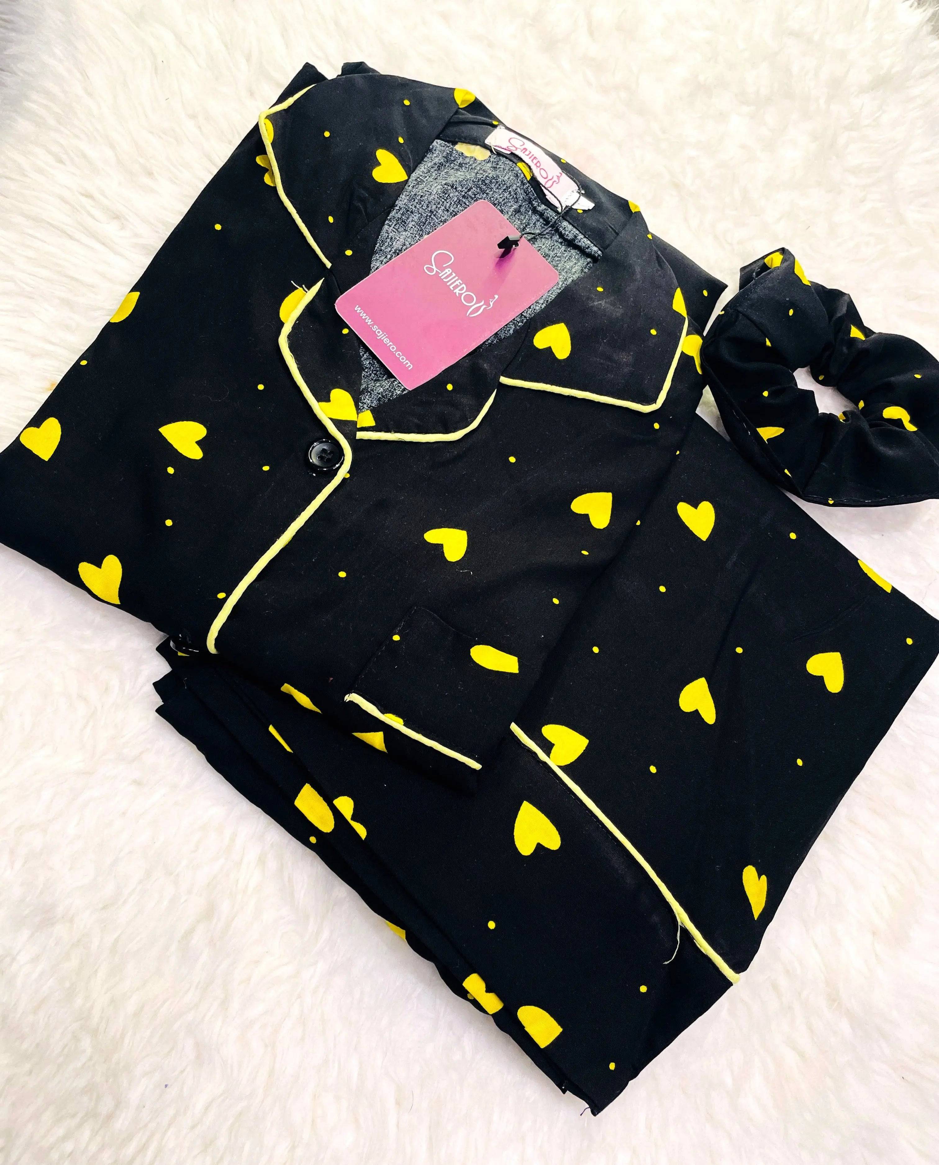 Sajiero Galaxy Boski Linen  Printed Pajama Suit Yellow Hearts - My Store