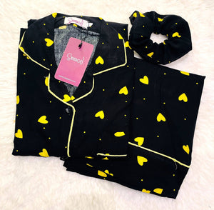 Sajiero Galaxy Boski Linen  Printed Pajama Suit Yellow Hearts - My Store