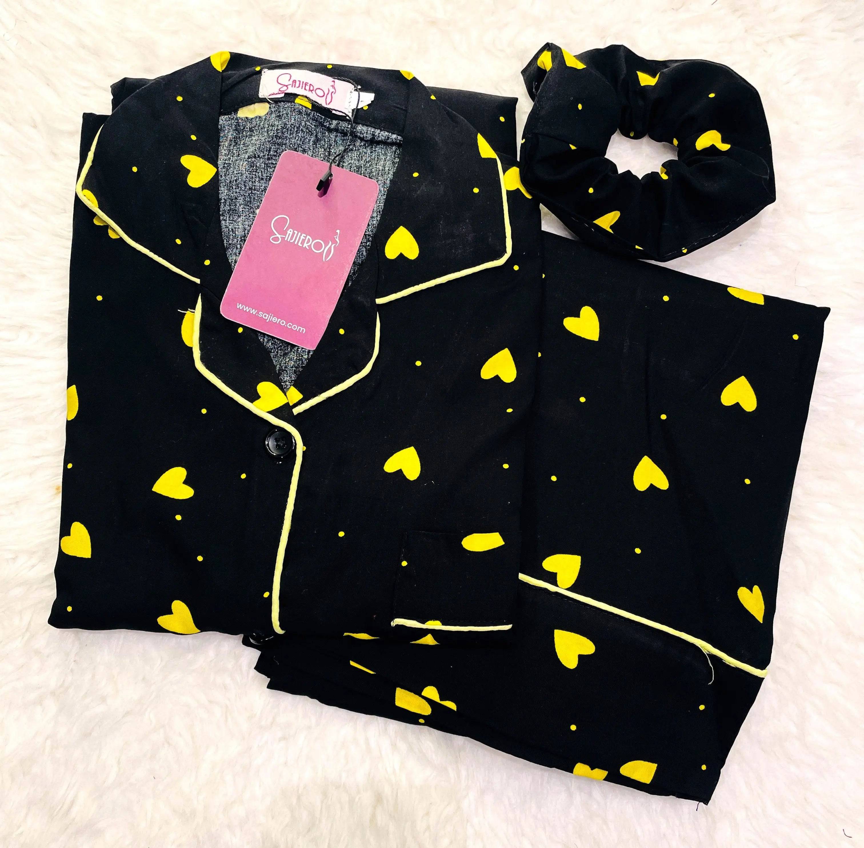 Sajiero Galaxy Boski Linen  Printed Pajama Suit Yellow Hearts - My Store