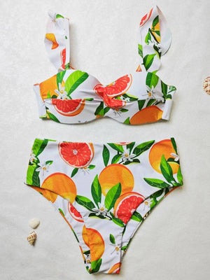Sajiero Leaf Fruit Print Pushup Bikini Set White - My Store