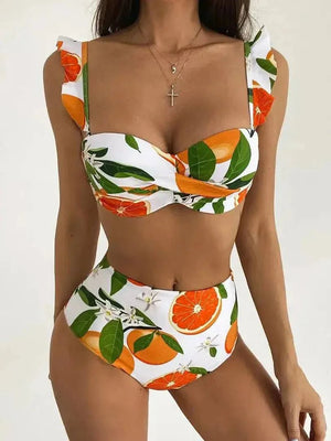 Sajiero Leaf Fruit Print Pushup Bikini Set White - My Store