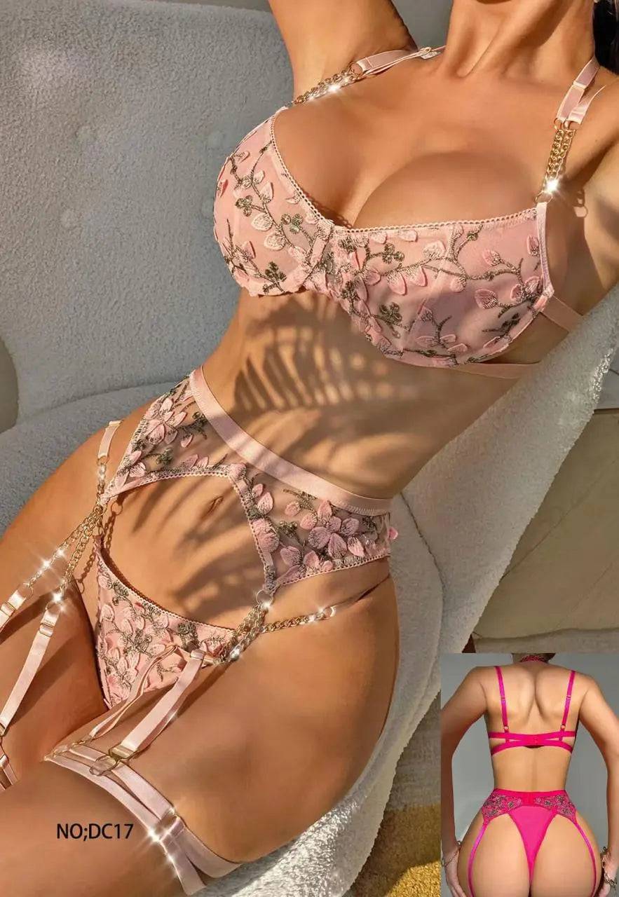 Sajiero Luxury Floral Embroidered Sexy Garter Belt Set - My Store