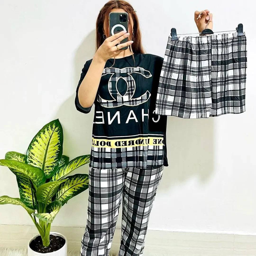 Sajiero Noise Cotton 3 Piece Printed Pajama Suit Grey - My Store
