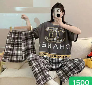 Sajiero Noise Cotton 3 Piece Printed Pajama Suit Grey - My Store