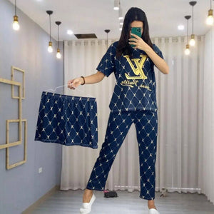 Sajiero Noise Cotton 3 Piece Printed Pajama Suit LV navy blue color soft cloth for women nightwear price in pakistan