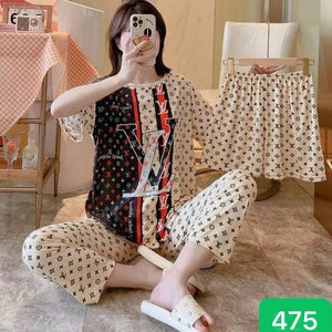 Sajiero Noise Cotton 3 Piece Printed Pajama Suit LV best quality night wear