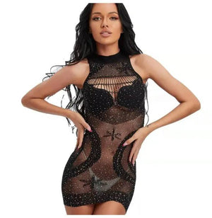 Sajiero Rhinestone tight one piece seamless bodyshaper dress Valentine's Day present lingerie Stocking - My Store