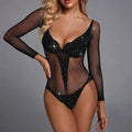 Sajiero Rhinestones Deep V Neck Half Body Transparent Stocking - My Store