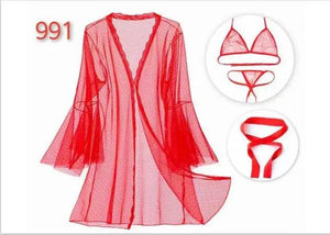 Sajiero Spark Dots 3pcs Transparent Hot Red Nightgown - My Store