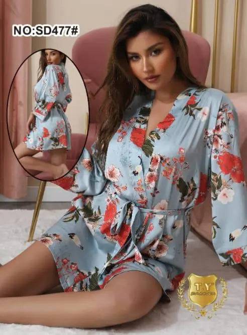 Sajiero Vine Floral One Piece Short Silk Robe - My Store