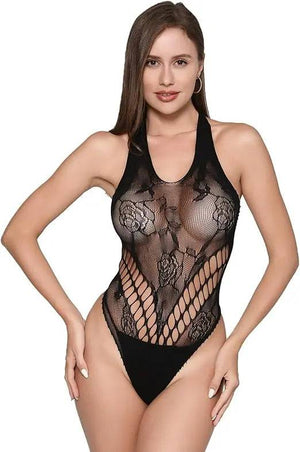 Sajiero Women's Mesh Bodysuit With Lacing Teddy Black Stocking - My Store