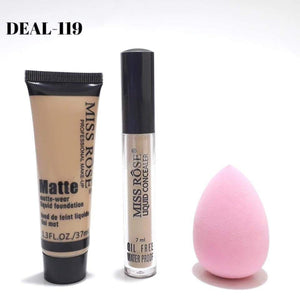 Miss Rose - Concealer , Matte Foundation And Blender - 3 Pcs Set-Beige-1 - My Store