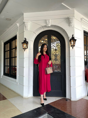 Manahils Stitched Co Ords Tunic V Neck Pleated Blood Red Two Pc