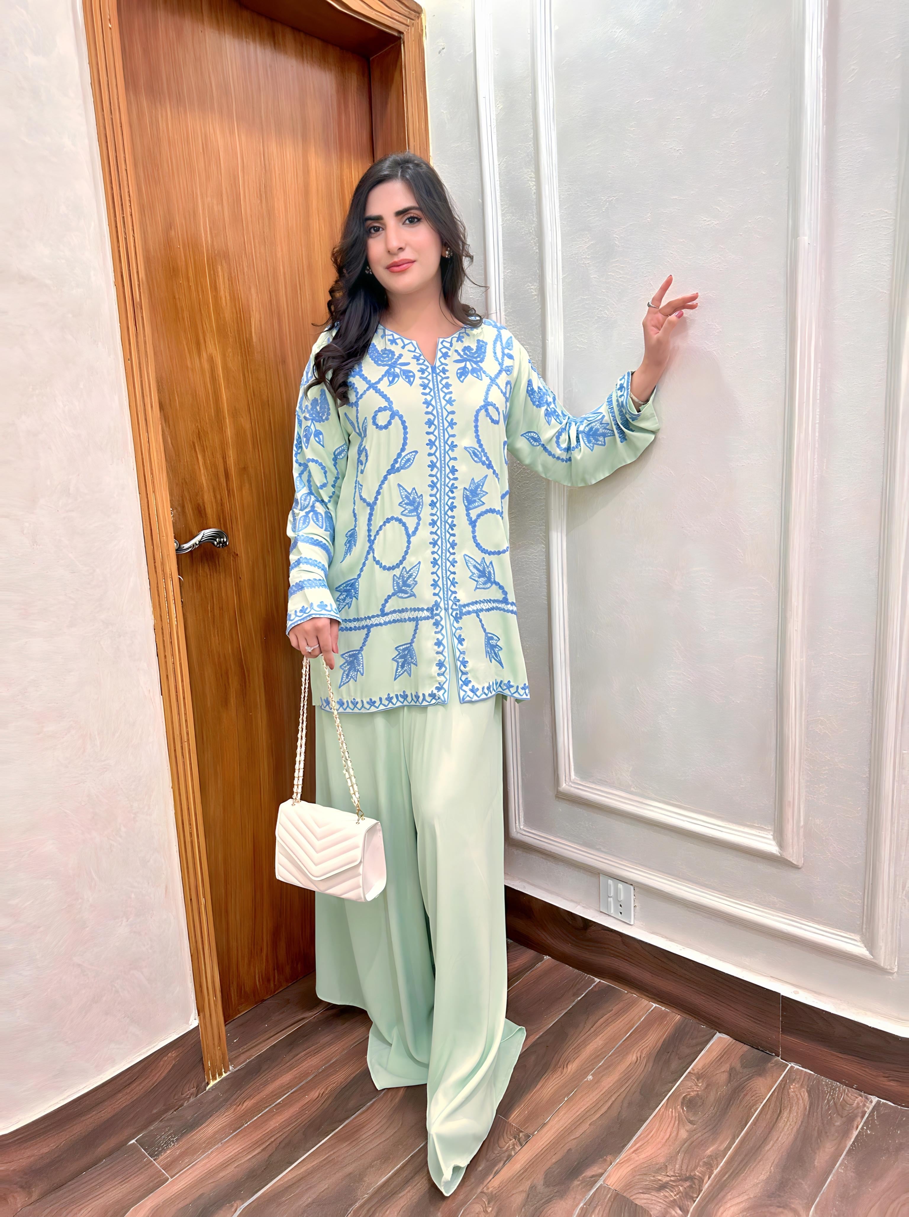 Allechant By Manahils Stitched 2 Piece Georgette Collection'2025-Apple Green Embroidered With Elephant Pants