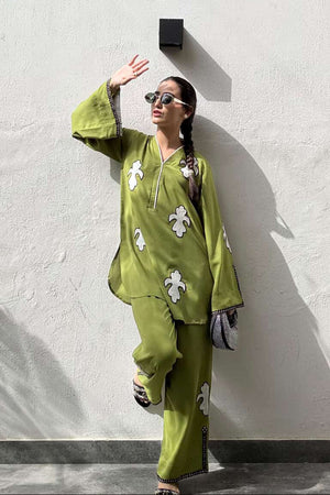 Allechant By Manahils Stitched 2 Piece Georgette Collection'2025-Parrot Green Embroidered