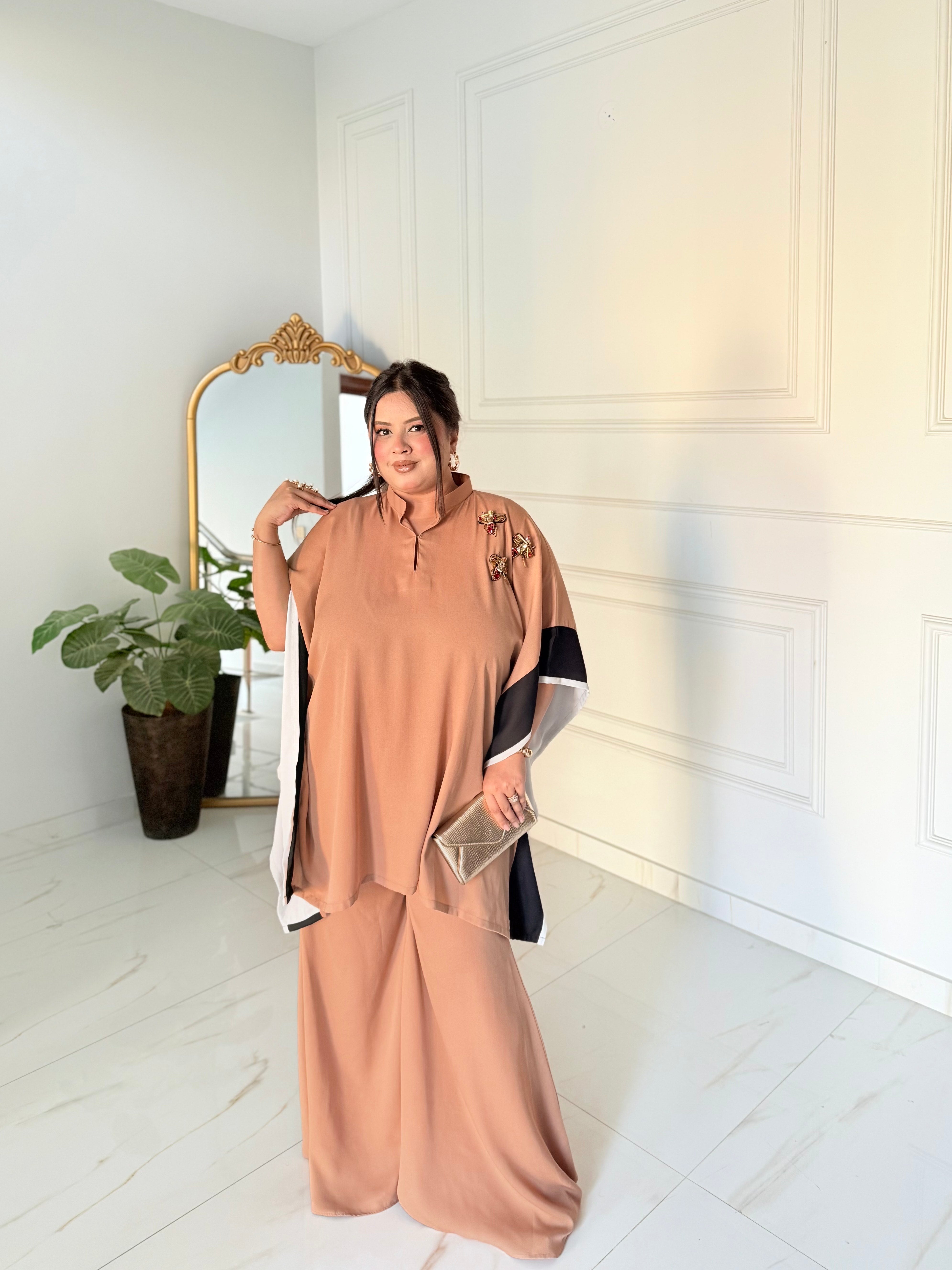 Manahils Stitched Camel Brown Drape Set