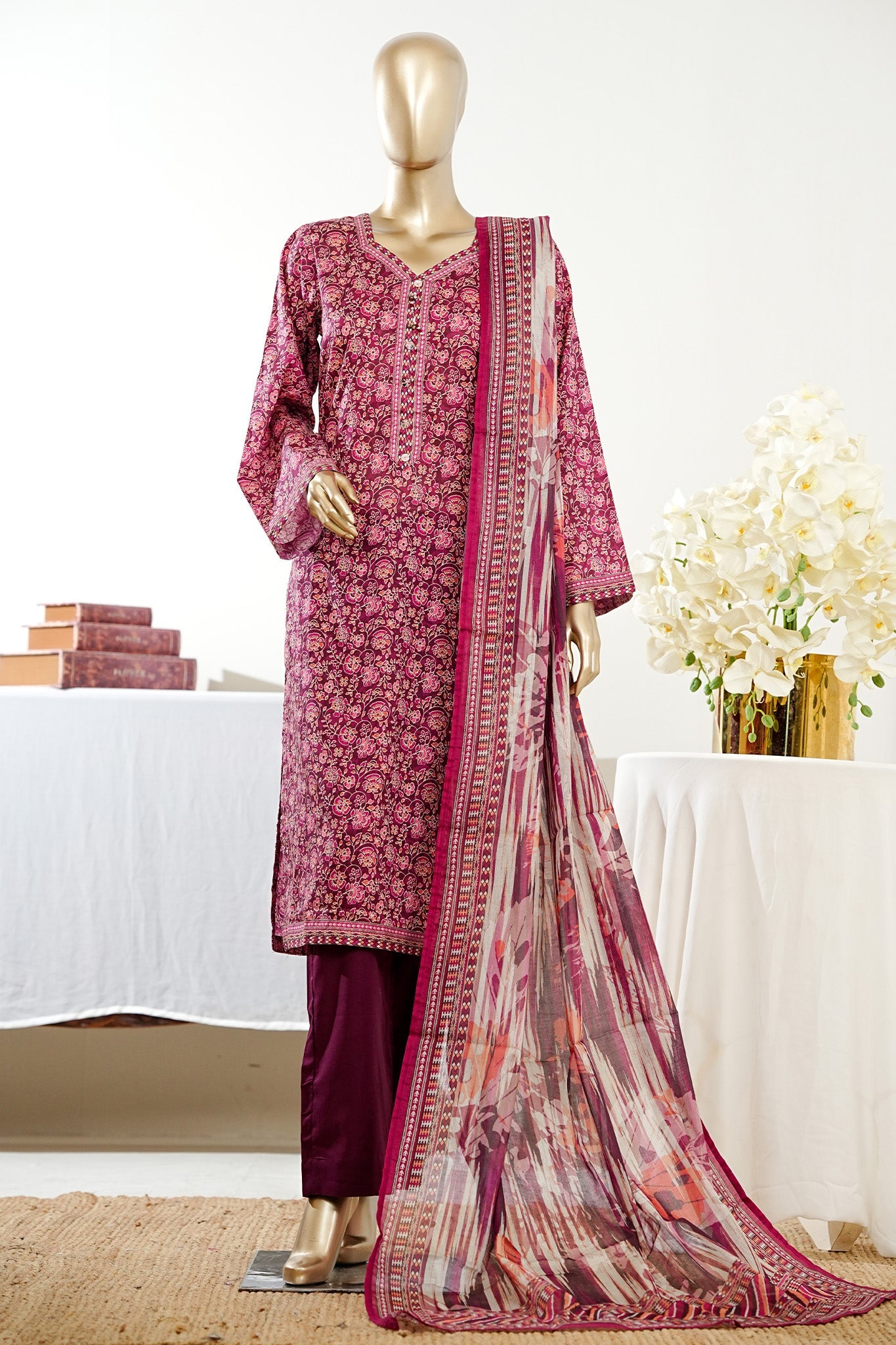 Bin Saeed Stitched 3 Piece Exclusive Printed Lawn Vol-09 Suit-LSM-2942-MAROON