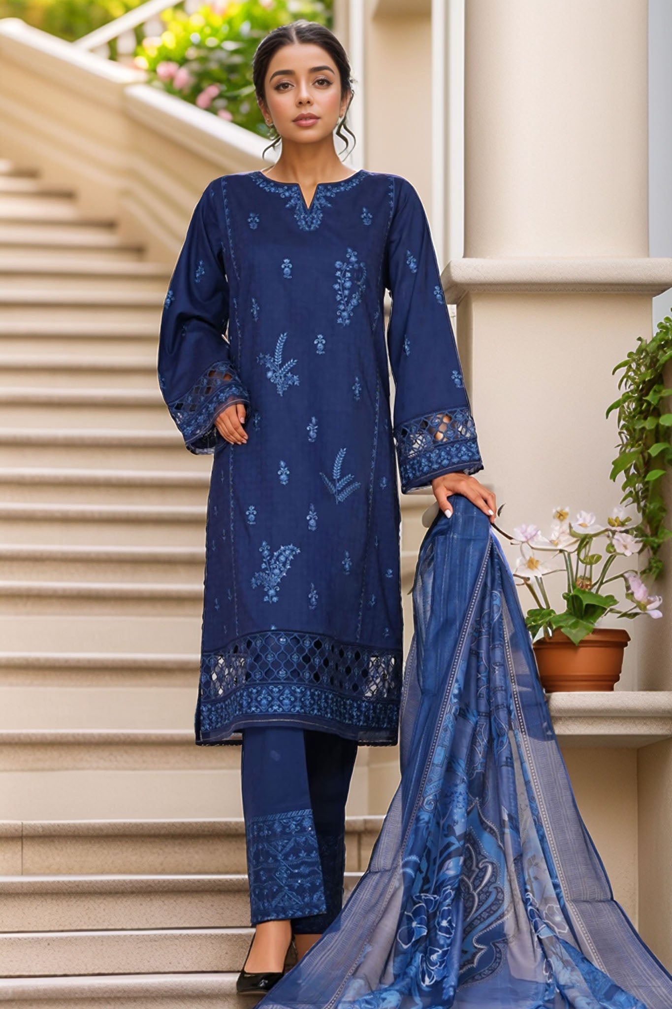 Muse By HZ Stitched 3 Piece Emb Self Cotton Jacquard Vol-05 Collection'2025-SSJ-2505-Midnight Blue