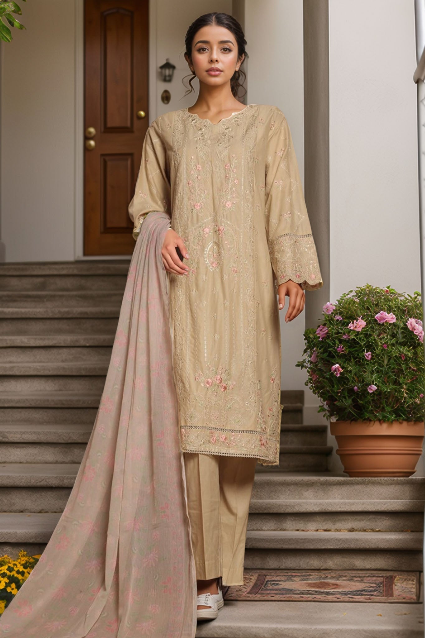 Bin Saeed Stitched 3 Piece Luxury Plain Cotton With Chiffon Dupatta Collection'2025-SMPC-1872-Skin