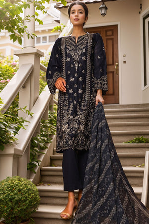 Bin Saeed Stitched 3 Piece Luxury Plain Cotton With Chiffon Dupatta Collection'2025-SMPC-1877-Blue